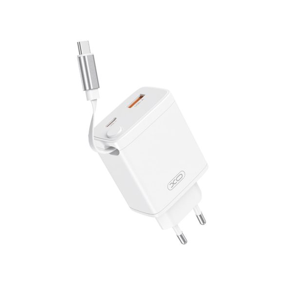 XO CE31 hálózati töltő 1xUSB-A és 1xUSB-C csatlakozással + visszahúzható USB-C kábellel 30W - fehér