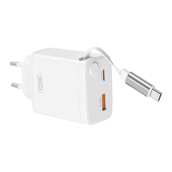 XO CE31 hálózati töltő 1xUSB-A és 1xUSB-C csatlakozással + visszahúzható USB-C kábellel 30W - fehér