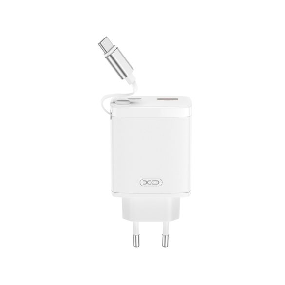 XO CE31 hálózati töltő 1xUSB-A és 1xUSB-C csatlakozással + visszahúzható USB-C kábellel 30W - fehér