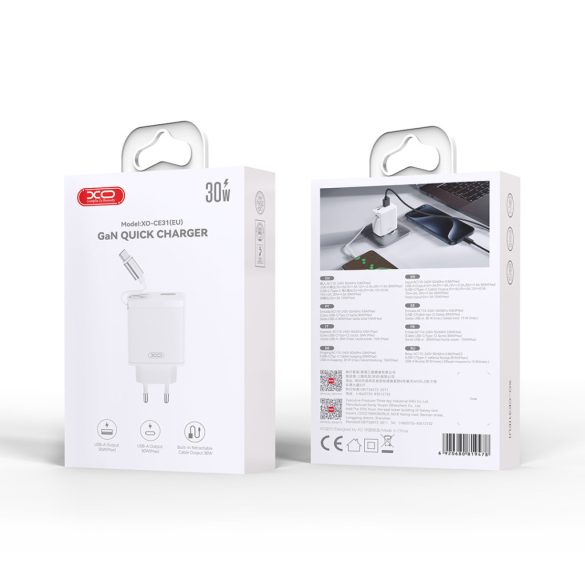 XO CE31 hálózati töltő 1xUSB-A és 1xUSB-C csatlakozással + visszahúzható USB-C kábellel 30W - fehér