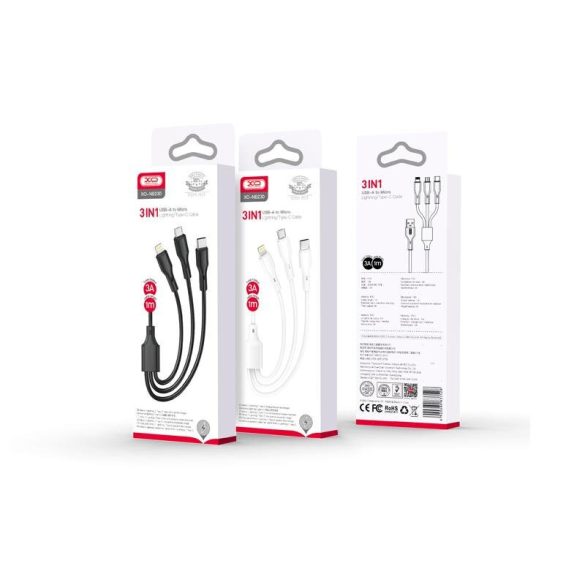 XO NB230 USB-A - Type-C/Lightning/micro USB kábel 2.4A 1m - fehér