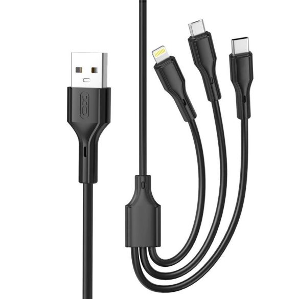 XO NB230 USB-A - Type-C/Lightning/micro USB kábel 2.4A 1m - fekete