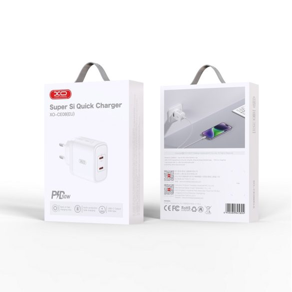 XO CE08 hálózati töltő 2xUSB-C csatlakozással PD 50W - fehér