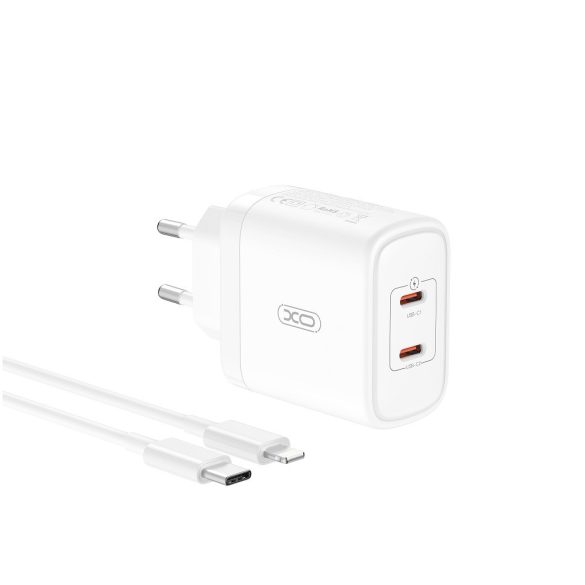 XO CE08 hálózati töltő 2xUSB-C csatlakozással + USB-C - Lighning kábellel PD 50W - fehér