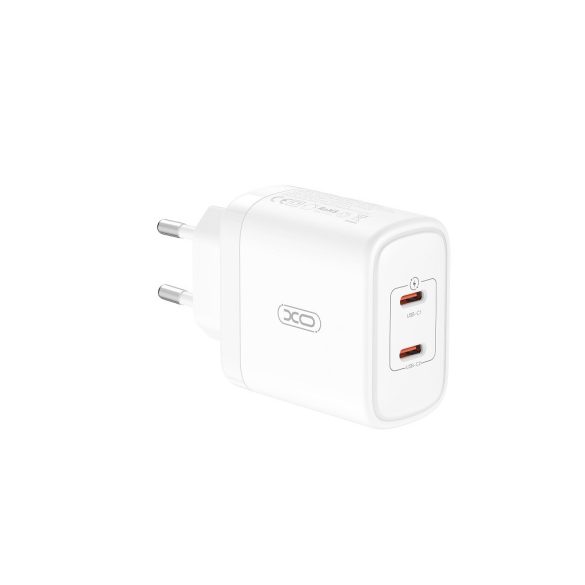 XO CE08 hálózati töltő 2xUSB-C csatlakozással + USB-C - Lighning kábellel PD 50W - fehér