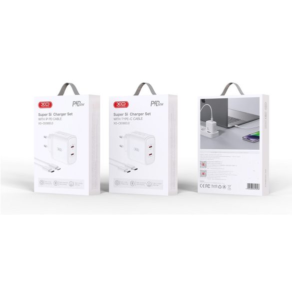 XO CE08 hálózati töltő 2xUSB-C csatlakozással + USB-C - Lighning kábellel PD 50W - fehér