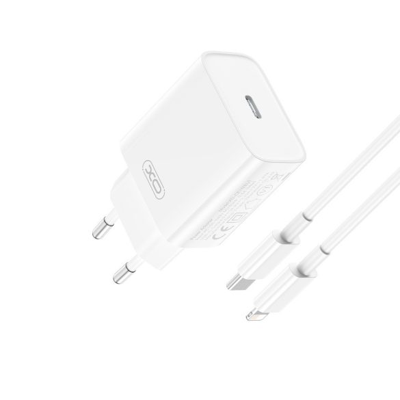 XO CE15 hálózati töltő 1xUSB-C csatlakozással + USB-C - Lighning kábellel PD 20W - fehér