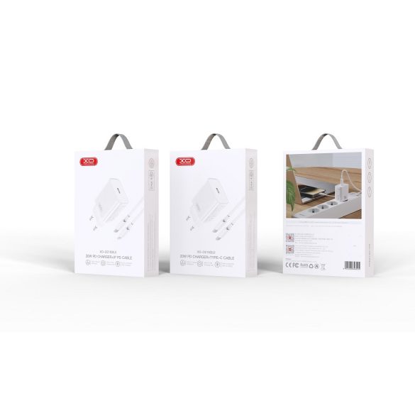 XO CE15 hálózati töltő 1xUSB-C csatlakozással + USB-C - Lighning kábellel PD 20W - fehér