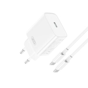 XO CE15 hálózati töltő 1xUSB-C csatlakozással + USB-C - USB-C kábellel PD 20W - fehér