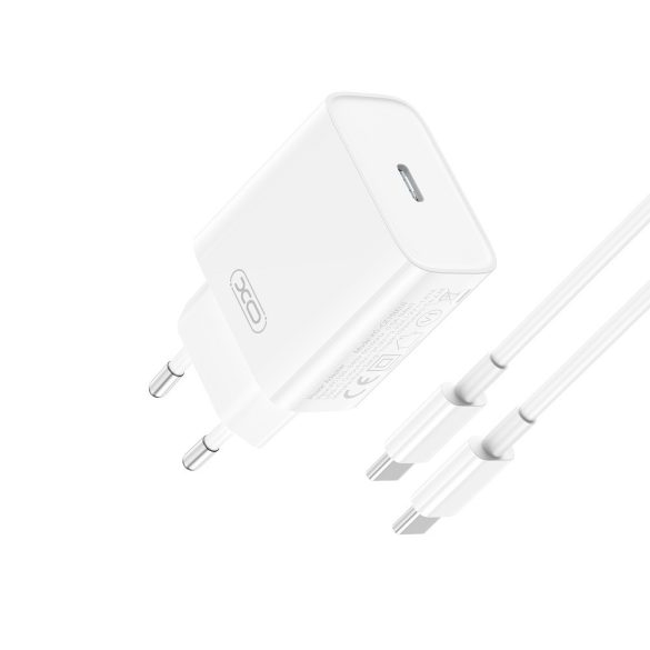 XO CE15 hálózati töltő 1xUSB-C csatlakozással + USB-C - USB-C kábellel PD 20W - fehér