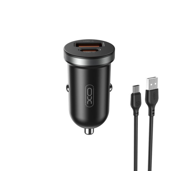 XO CC56 autós töltő 1x USB-A 1x USB-C + USB-A - USB-C kábel PD QC 30W - fekete