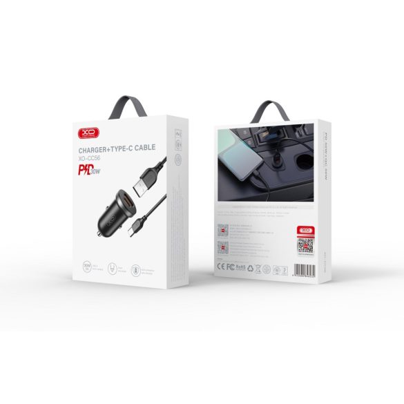 XO CC56 autós töltő 1x USB-A 1x USB-C + USB-A - USB-C kábel PD QC 30W - fekete