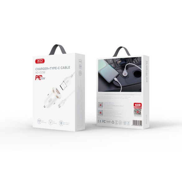 XO CC56 autós töltő 1x USB-A 1x USB-C + USB-A - USB-C kábel PD QC 30W - fehér