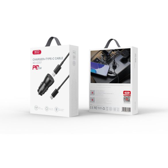 XO CC57 autós töltő 1x USB-C + USB-C - USB-C kábel PD 25W - fekete