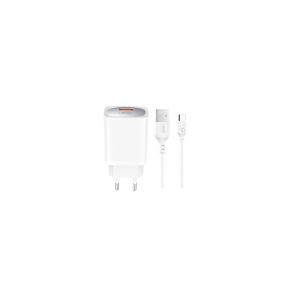 XO CE19 hálózati töltő 1xUSB-A csatlakozással + USB-C kábellel QC 18W - fehér