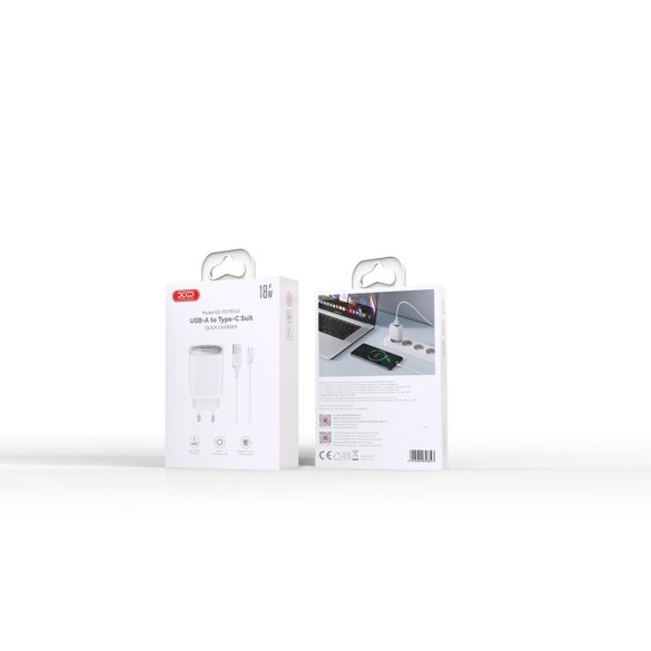 XO CE19 hálózati töltő 1xUSB-A csatlakozással + USB-C kábellel QC 18W - fehér