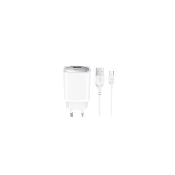 XO CE19 hálózati töltő 1xUSB-A csatlakozással + microUSB kábellel QC 18W - fehér