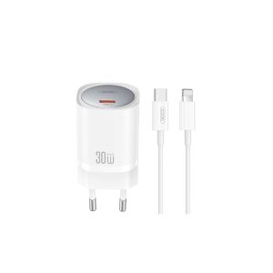 XO CE20 hálózati töltő 1xUSB-C csatlakozással + USB-C - Lightning kábellel PD 30W - fehér