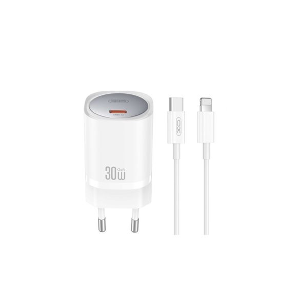 XO CE20 hálózati töltő 1xUSB-C csatlakozással + USB-C - Lightning kábellel PD 30W - fehér