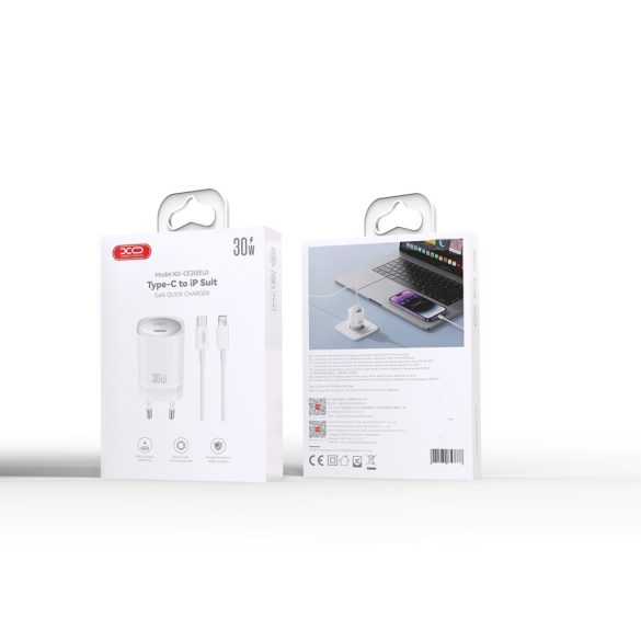 XO CE20 hálózati töltő 1xUSB-C csatlakozással + USB-C - Lightning kábellel PD 30W - fehér