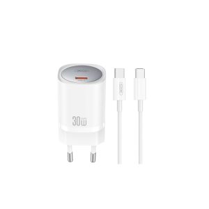 XO CE20 hálózati töltő 1xUSB-C csatlakozással + USB-C - USB-C kábellel PD 30W - fehér