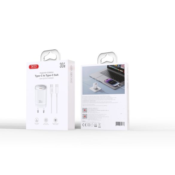 XO CE20 hálózati töltő 1xUSB-C csatlakozással + USB-C - USB-C kábellel PD 30W - fehér