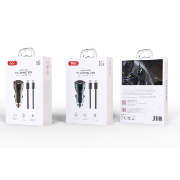 XO CC60 autós töltő 1x USB-A 1x USB-C + USB-C - USB-C kábel 60W - kék