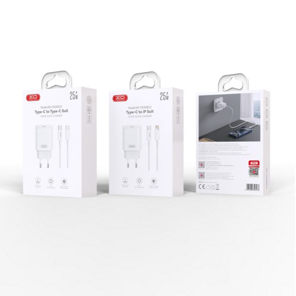 XO CE25 hálózati töltő 1xUSB-C csatlakozással + USB-C - Lightning kábellel PD 25W - fehér