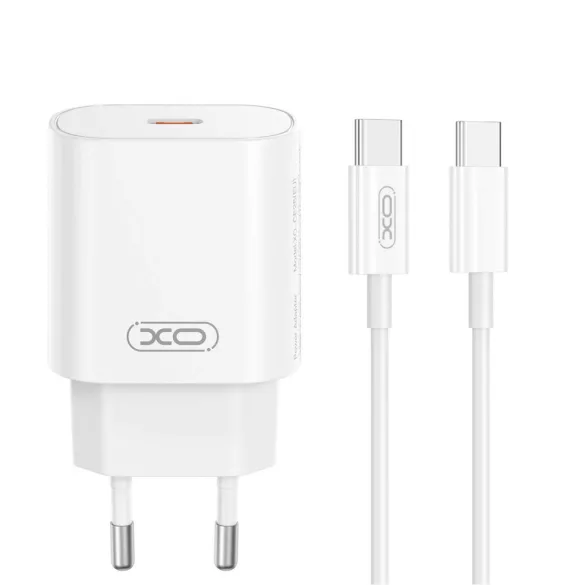XO CE25 hálózati töltő 1xUSB-C csatlakozással + USB-C - USB-C kábellel PD 25W - fehér