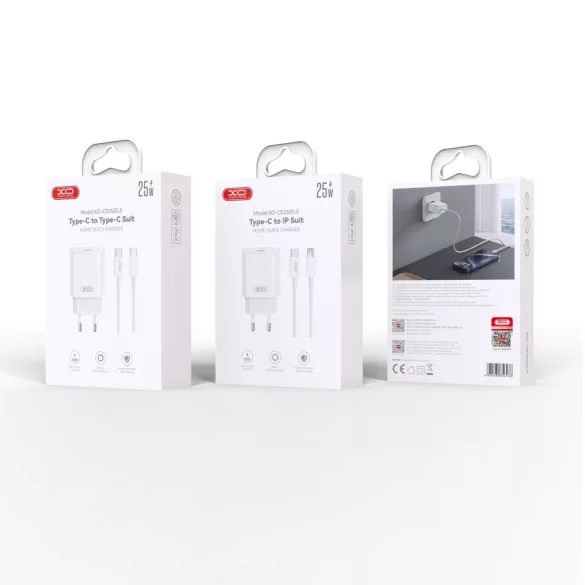 XO CE25 hálózati töltő 1xUSB-C csatlakozással + USB-C - USB-C kábellel PD 25W - fehér