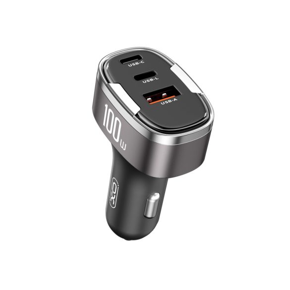 XO CC61 autós töltő 1x USB-A 1x USB-C 1x Lightning PD QC 3.0 100W - szürke