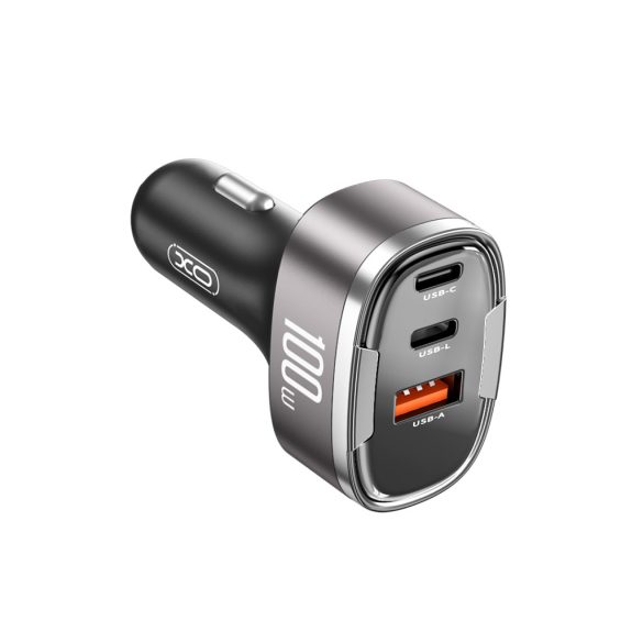 XO CC61 autós töltő 1x USB-A 1x USB-C 1x Lightning PD QC 3.0 100W - szürke