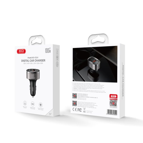 XO CC61 autós töltő 1x USB-A 1x USB-C 1x Lightning PD QC 3.0 100W - szürke