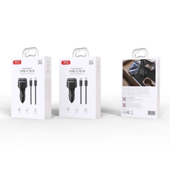 XO BCC17 FM transzmitter és autós töltő + USB-C - USB-C kábel 30W - fekete