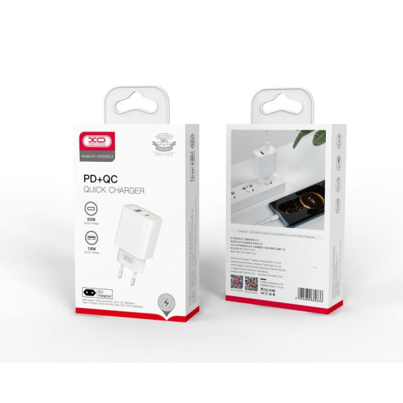 XO CE02A hálózati töltő 1xUSB-A és 1xUSB-C csatlakozással PD QC3.0 20W - fehér