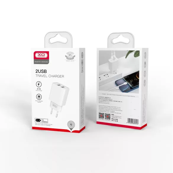 XO CE02C hálózati töltő 2xUSB-A csatlakozással 2.1A - fehér