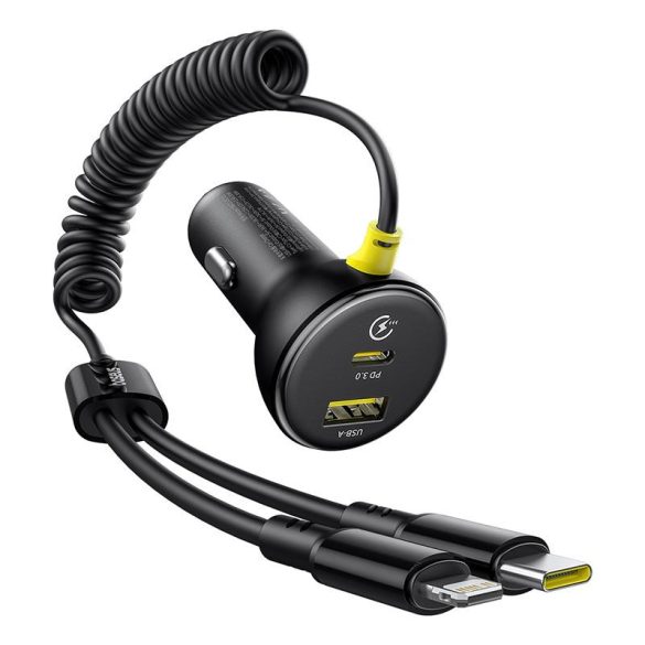 Baseus Circular autós töltő 1xUSB-A és 1xUSB-C csatlakozással + rögzített Type-C és Lightning kábel 60W - fekete