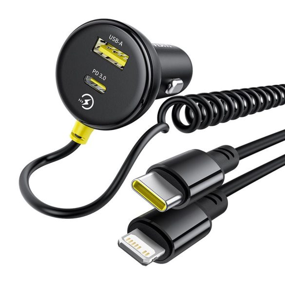 Baseus Circular autós töltő 1xUSB-A és 1xUSB-C csatlakozással + rögzített Type-C és Lightning kábel 60W - fekete