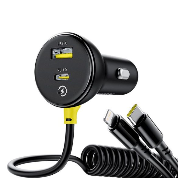 Baseus Circular autós töltő 1xUSB-A és 1xUSB-C csatlakozással + rögzített Type-C és Lightning kábel 60W - fekete
