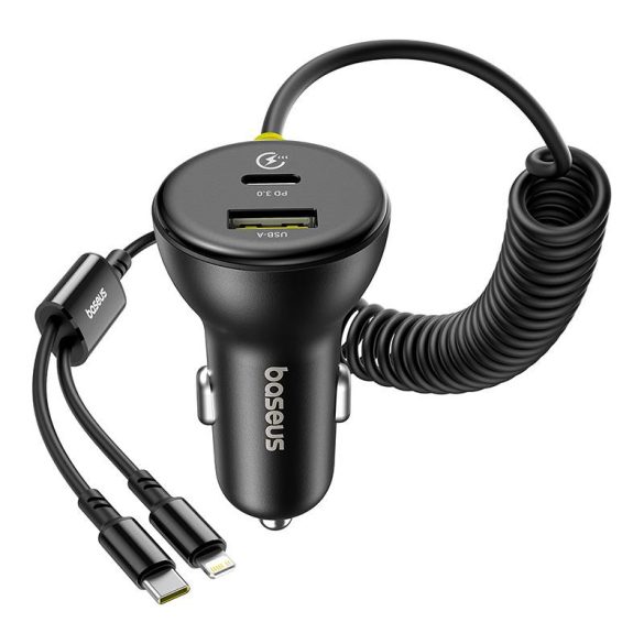 Baseus Circular autós töltő 1xUSB-A és 1xUSB-C csatlakozással + rögzített Type-C és Lightning kábel 60W - fekete