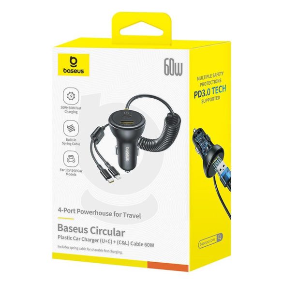 Baseus Circular autós töltő 1xUSB-A és 1xUSB-C csatlakozással + rögzített Type-C és Lightning kábel 60W - fekete