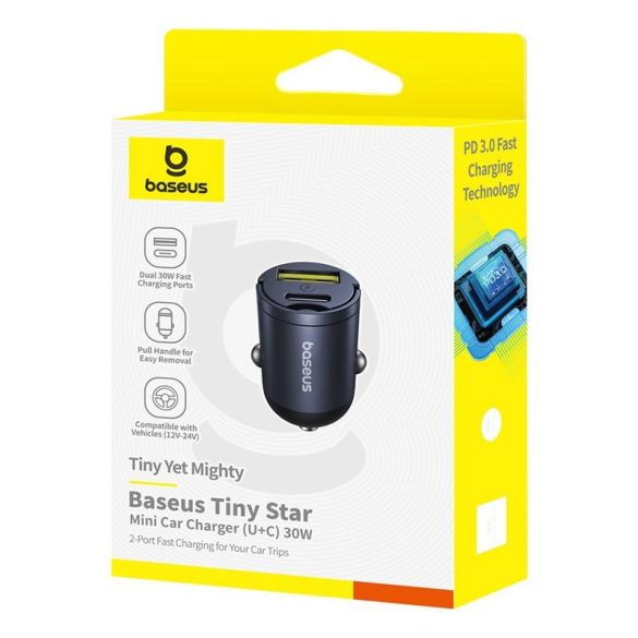 Baseus Tiny Star Mini autós töltő 1xUSB-A és 1xUSB-C csatlakozással 30W - fekete