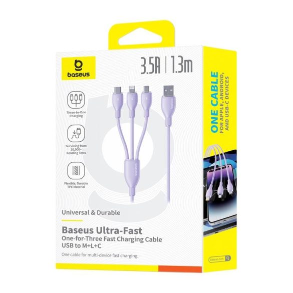 Baseus One-for-Three USB-A - Type-C/Lightning/micro USB kábel 3.5A 1.3m - lila