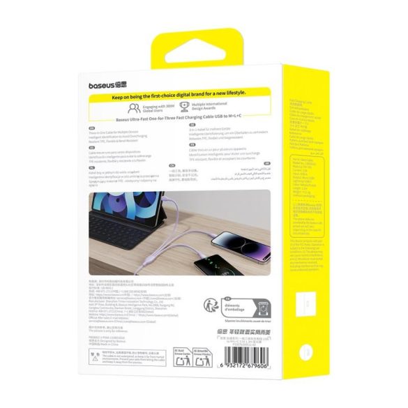 Baseus One-for-Three USB-A - Type-C/Lightning/micro USB kábel 3.5A 1.3m - lila