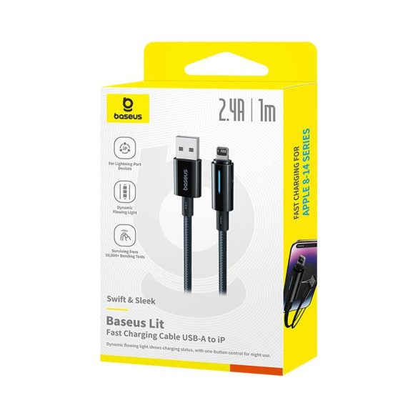 Baseus világító gomb-vezérlésű gyors töltő adatkábel USB-A és iP 2.4A 1m Cosmic Black