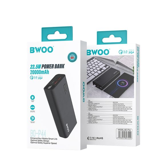 BWOO powerbank LCD kijelzővel 22,5W 20000mAh - fekete