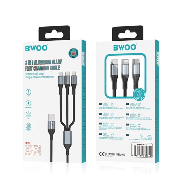 BWOO X274 Fast USB-A - Type-C/Lightning/micro USB kábel 3A 1m