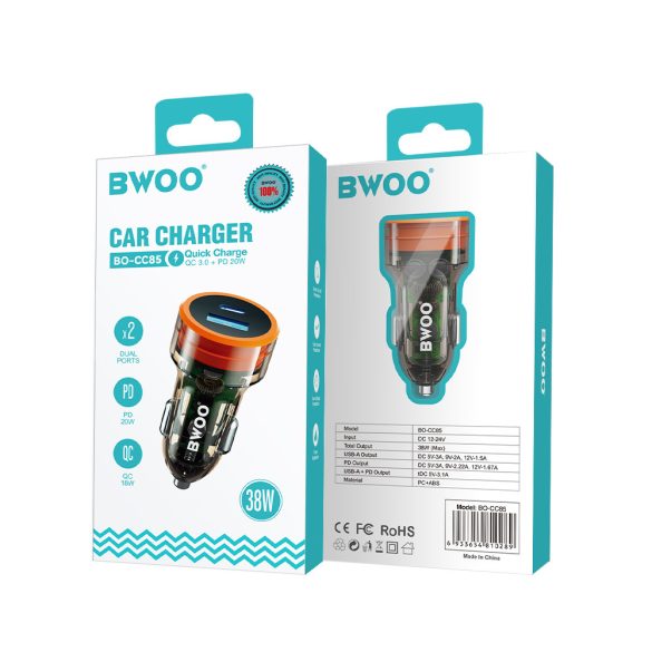BWOO BO-CC85 autós töltő 1xUSB-A és 1xUSB-C csatlakozással 38W