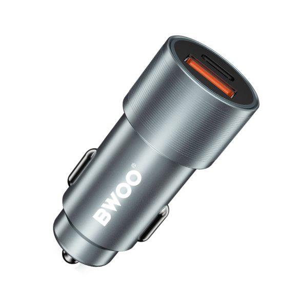 BWOO BO-CC73 autós töltő 1xUSB-A és 1xUSB-C csatlakozással 38W QC PD - szürke