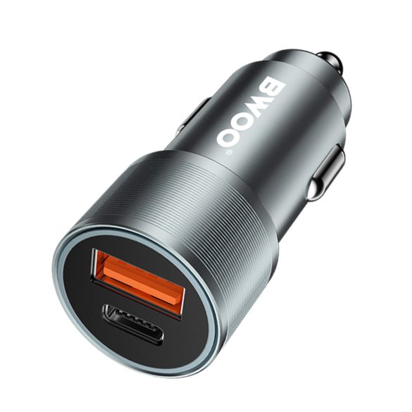 BWOO BO-CC73 autós töltő 1xUSB-A és 1xUSB-C csatlakozással 38W QC PD - szürke